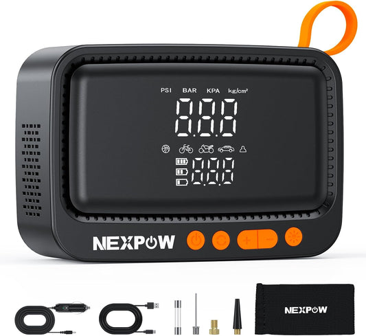NEXPOW Tire Inflator Portable Air Compressor, 150 PSI Cordless Air Pump for Car Tires with Digital Pressure Gauge & Auto Shut-Off, Air Compressor Portable for Car, Motorcycle, Bicycle, Balls, Orange