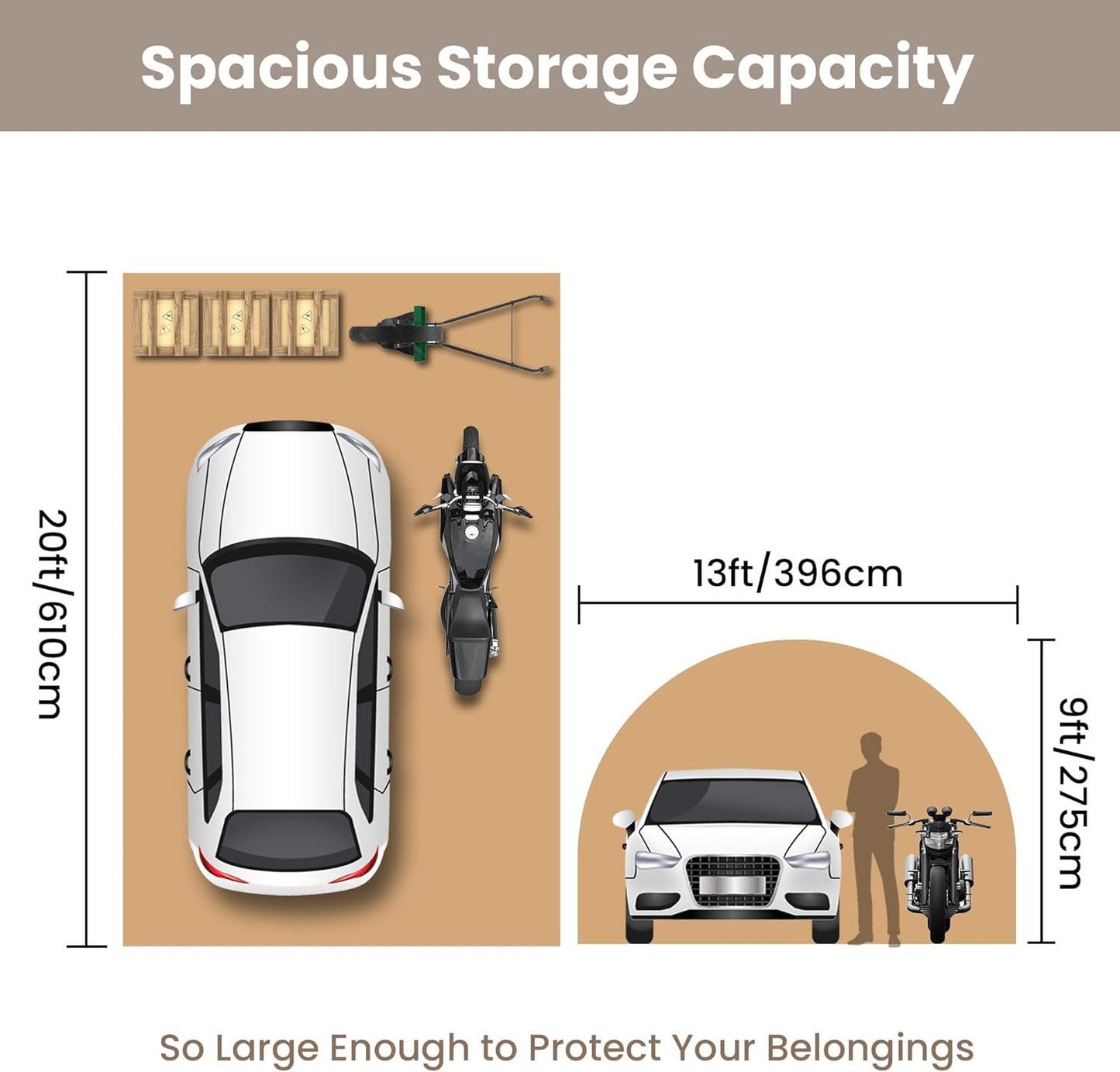 SUNBURY Carport, Round Portable Garage, Outdoor 13x20 ft Heavy Duty Carport, Tensioner and 2 Roll Up Doors Waterproof PE Fabric Car Port, Garage, Storage Shed, Tent for Storage, SUV, Brown