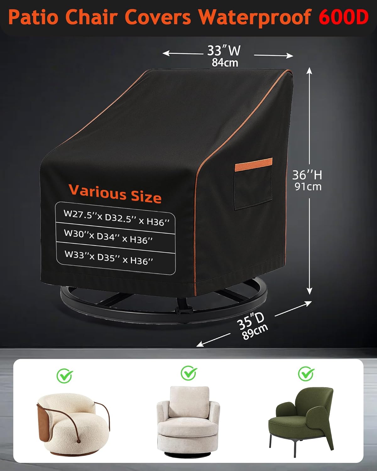 Outdoor Waterproof Patio Chair Covers, Heavy Duty Oxford Coating Weather Resistant Patio Furniture Covers 600D 33W x 35D x 36H inches 2-Pack, Black