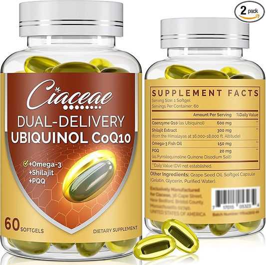 Ubiquinol CoQ10 600 MG Softgels with Omega-3 & Shilajit & PQQ, Advanced Dual-Delivery Coenzyme-Q10, Active CoQ10 Ubiquinol Supplement for Fertility, Antioxidant, Heart, Brain & Energy, 120 Servings