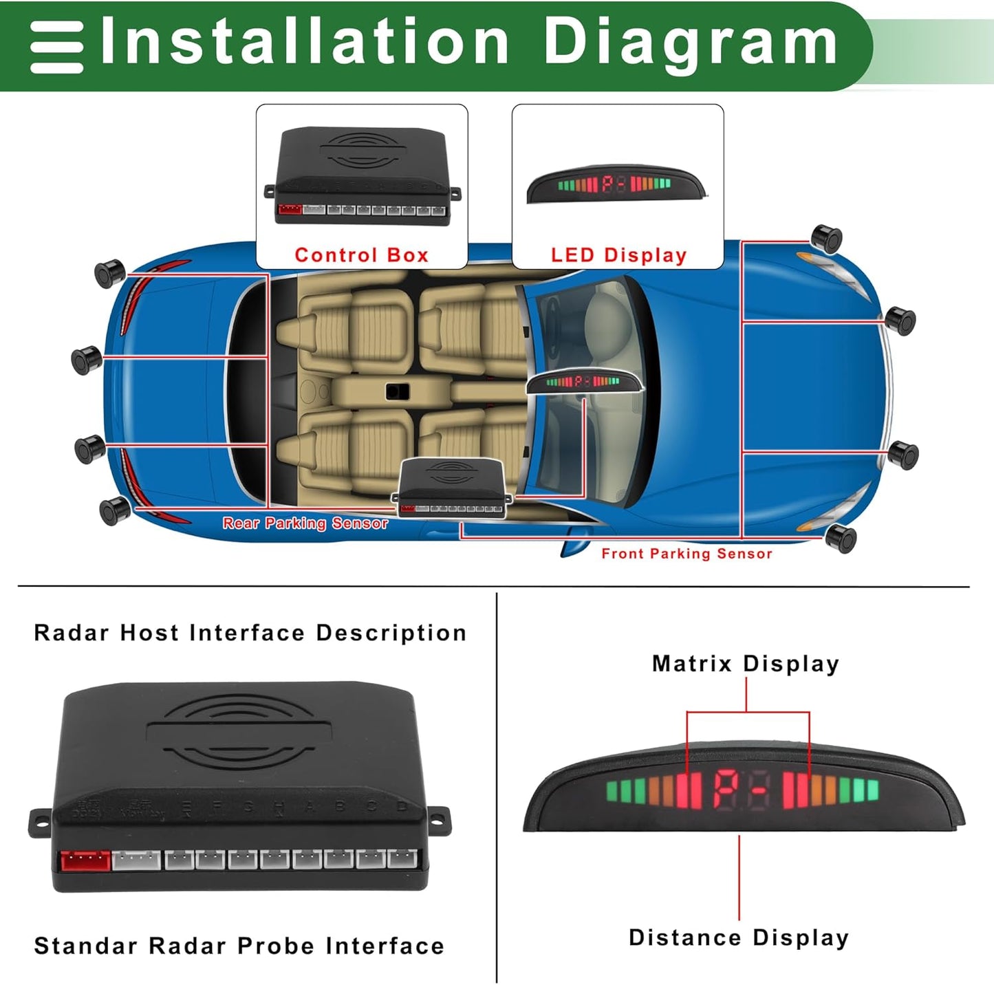 Motoforti Universal Car Auto Vehicle Reverse Backup Radar System Reverse Parking Sensors Alarm Buzzer Reminder Distance Detection Black 8 Parking Sensors