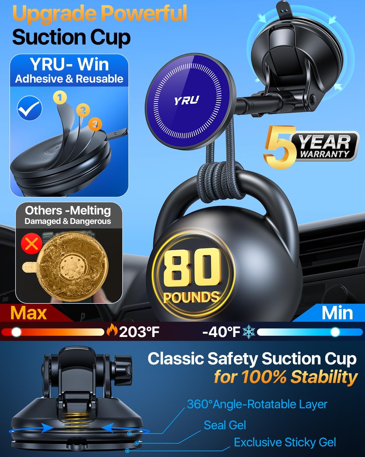 YRU[2025 Upgraded Magnetic Phone Holder for Car【Patented & Super Magnet】 for MagSafe Car Mount Dashboard Magnet Phone Holder Windshield Phone Stand for iPhone 16 15 14 13 Pro Max Samsung, Light Blue