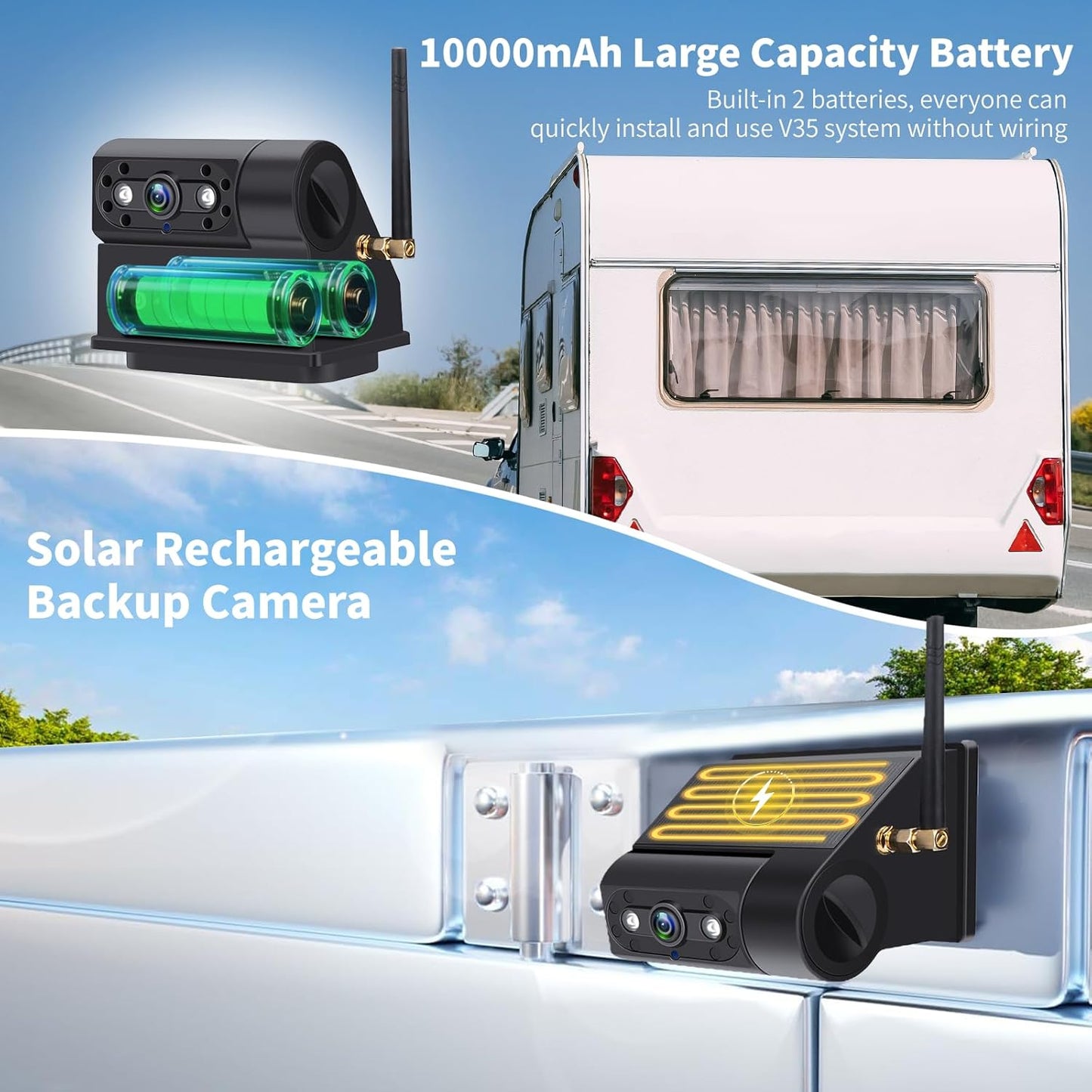 Solar Wireless Backup Camera Magnetic, 7 Inch Portable Installation RV Backup Camera, 1080P HD Rear View Camera, Rechargeable 7'' Monitor Kit for Car, IR Night Vision, 150° Wide Angle, DIY Guide Lines