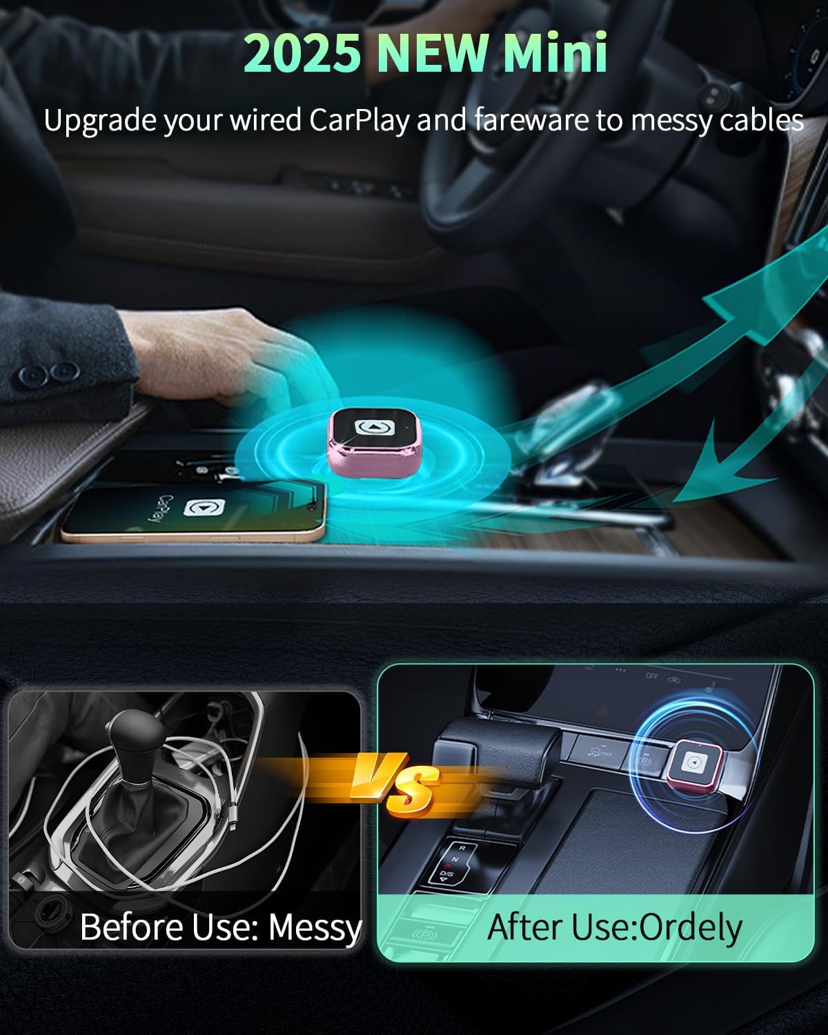 Wireless CarPlay & Android Auto Adapter 1-Inch (2.54cm) - Discreet Plug & Play, Stable 5G Connection for Music/Navigation, Works with iPhone iOS 10+ & Android 11,for 98% of Cars (2016-2025) (Pink)