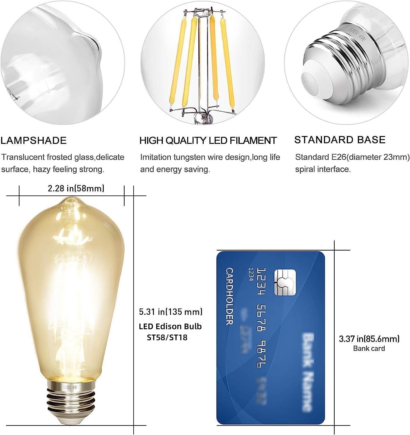LED Edison Bulb 4W,Antique 40W Vintage Edison Bulb,E26 Light Bulb Non Dimmable Led Bulb 450 Lumens 2700K Warm White,Pack of 6