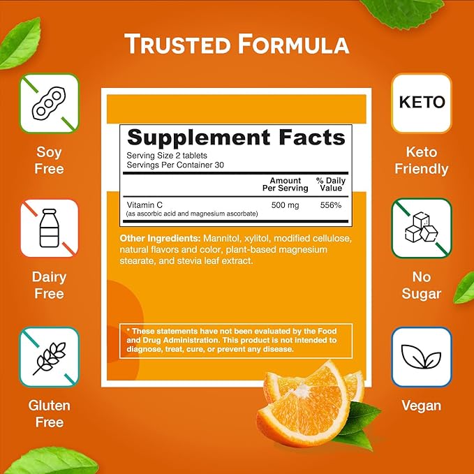 EZ Melts Dissolvable Vitamin C 500 mg, Sugar-Free, 1-Month Supply - 1 Pack