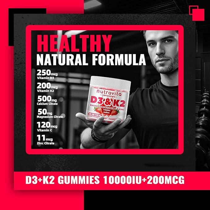 Sugar-Free Vitamin D3 K2 Chews with Calcium + K2 (MK-7), Magnesium Citrate, Vitamin C, Extra Strength - Ultimate Absorption for Bone Muscle Teeth Immune,Vegan - 60 Count-Strawberry Flavor.