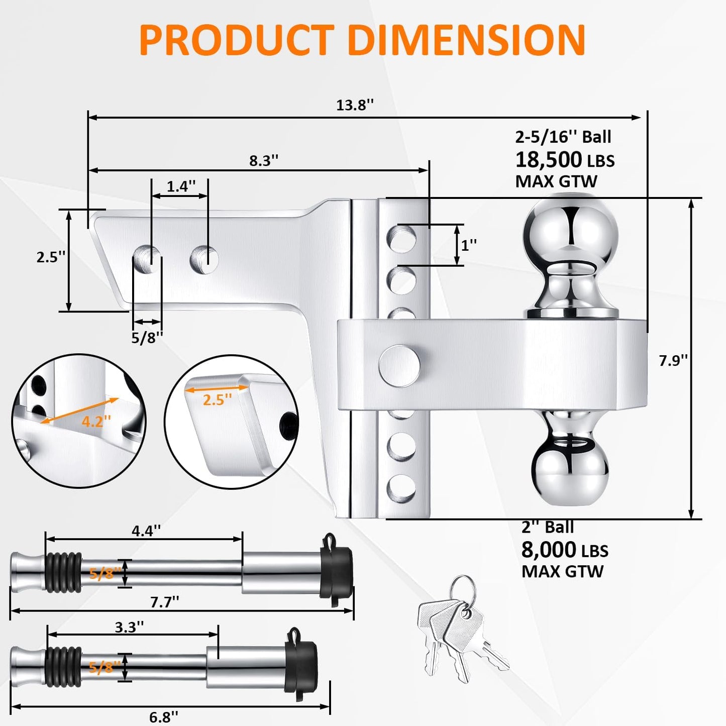 Adjustable Trailer Hitch-Drop Hitch Fits 2.5-Inch Receiver -6" Drop/Rise Tow Hitch with 2" and 2-5/16" Tow Balls-18,500GTW with Double Anti-Theft Pins Locks (Silver)
