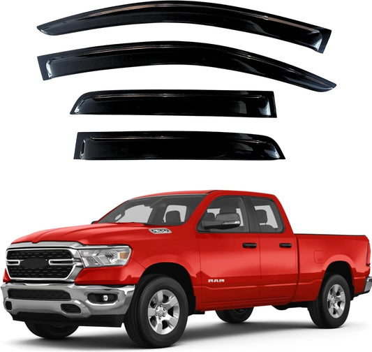 KPY Window Visor Compatible with 2019-2024 RAM 1500 Quad Cab, 4PC Rain Guard Side Window Vent Deflectors Tape-On Style, 2019 2020 2021 2022 2023 2024 (Quad Cab Only) Only for New Body Style