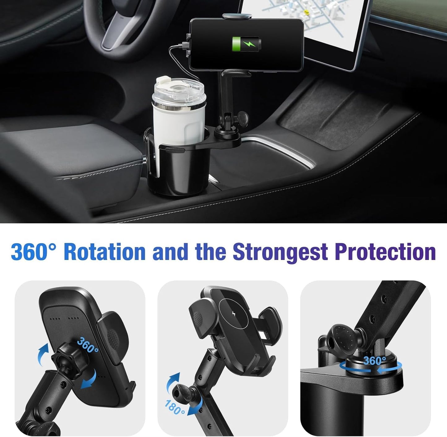 This Hill Cup Holder Phone Charger, 15W Fast Charging Auto Clamping, Phone Holder for Cup Holder Charger with Adjustable Base & 360° Rotation Compatible for All Smartphones(with Car Adapter)