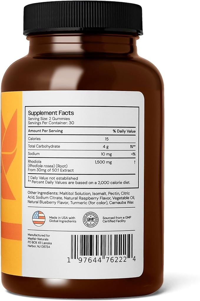 Rhodiola Rosea Sugar Free Gummies, Dietary Supplement, 1500mg, 60 Gummies, Natural Berry Flavor