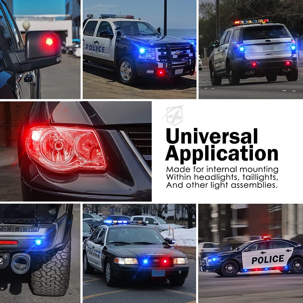 Xprite Red Blue LED Hideaway Strobe Police Lights Kit, 20 Flashing Patterns w/Control Panel for Headlights Taillights Hazard Warning Mounting, for Emergency Vehicles Volunteer Cop Cars Trucks 8PCS