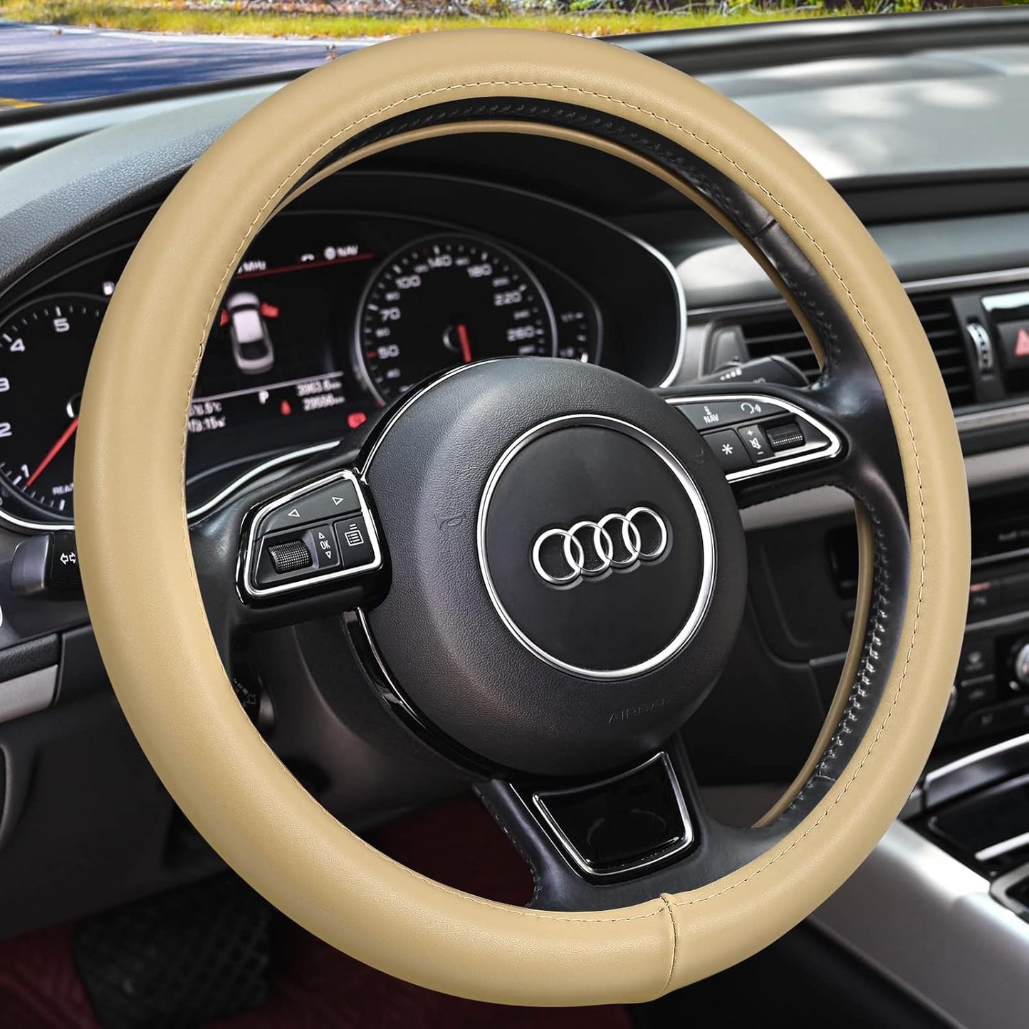 Haokay Heavy Duty Pure Cowhide Steering Wheel Cover SUV Car, Beige Genuine Leather Steering Wheel Cover Men Women Universal 14.5 to 15 Inch