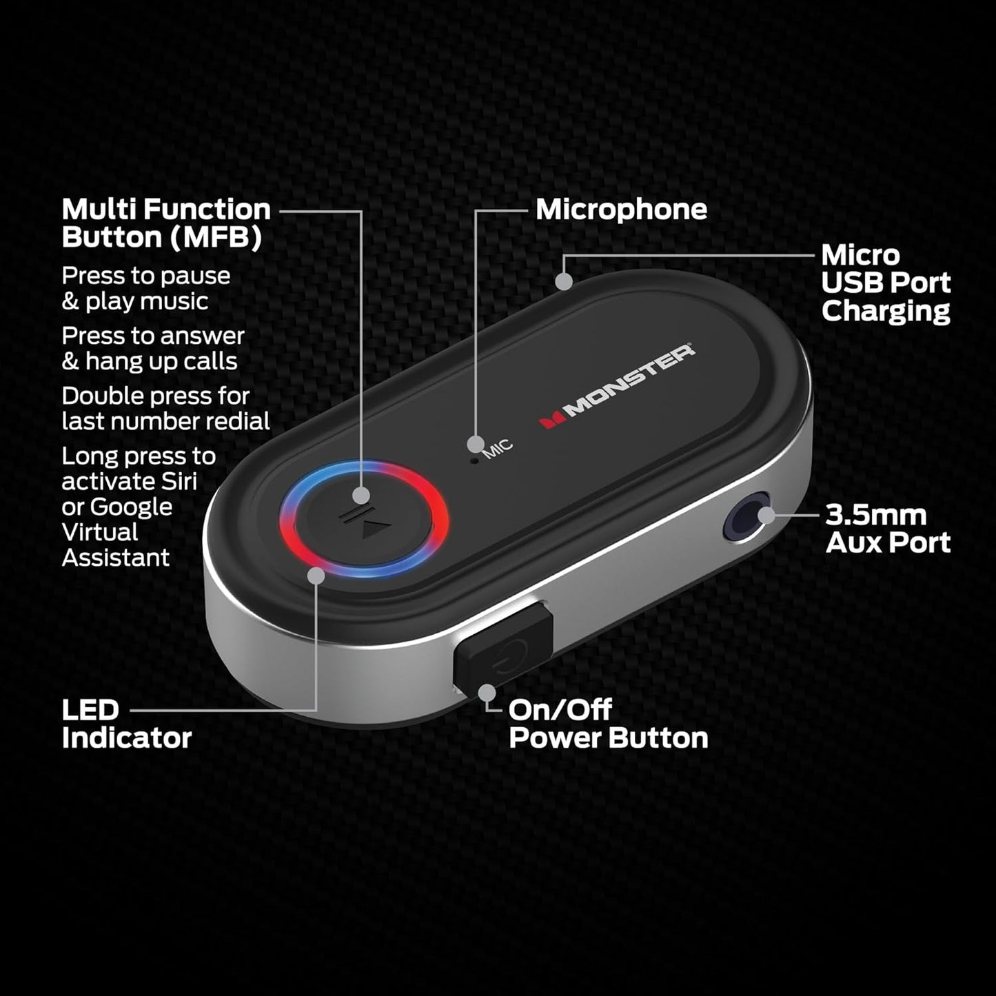 Monster Bluetooth Receiver for Car and Home, Bluetooth Car Adapter Audio Receiver with 3.5mm Aux, Microphone, Google Voice & Siri Compatible, Hands-Free Calls, for Headphones Speakers Vehicles Planes