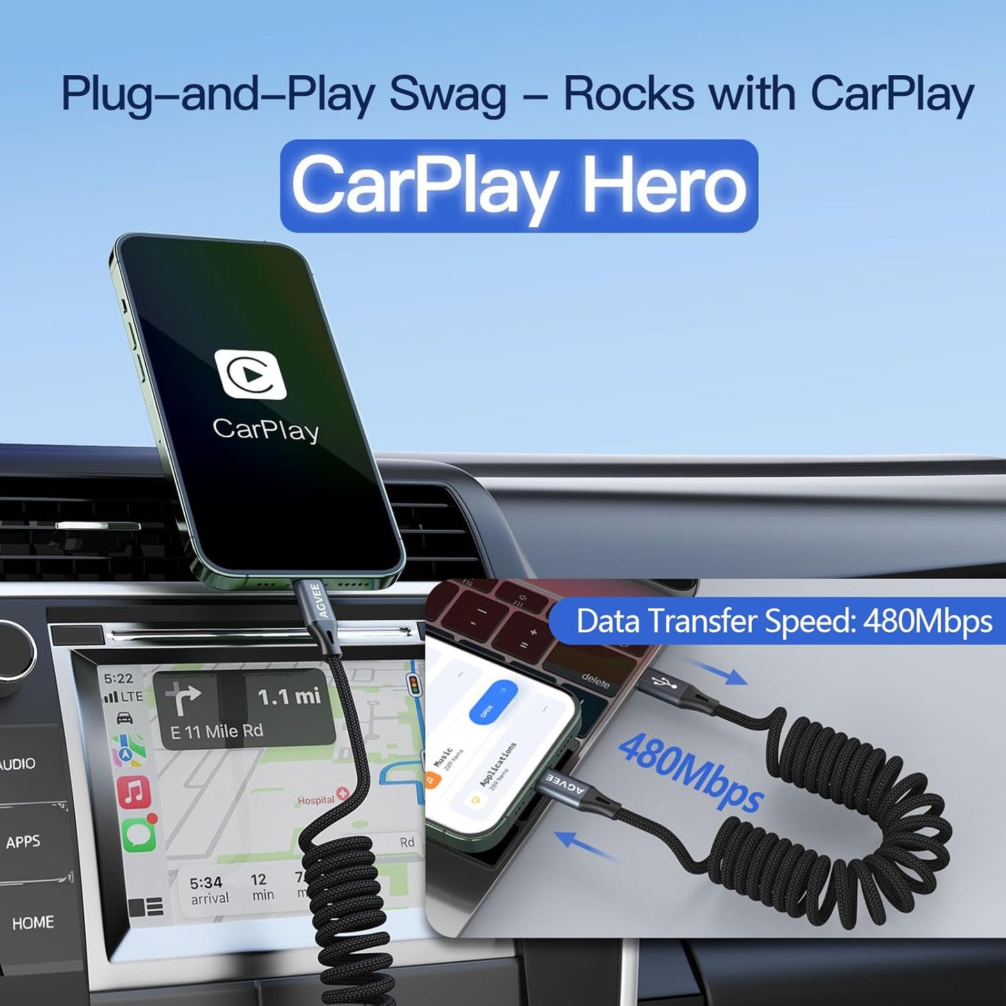 AGVEE 3ft Coiled Short USB-C to USB-C Charging Cable [USB-IF Certified] 60W PD Fast Charger Cord in Car for iPhone 16/15 CarPlay, Galaxy S25 S24 S23 S22 S21 S10 S9 S8, Google Pixel, Dark Gray