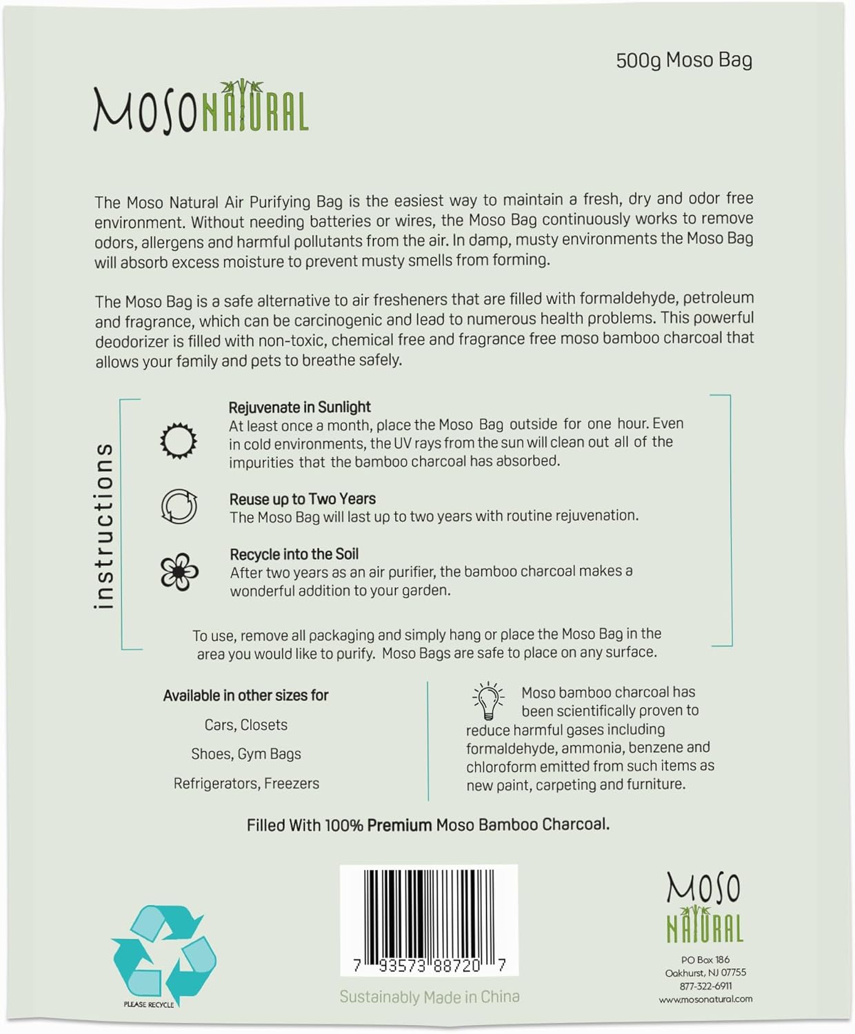 Moso Natural Air Purifying Bag 500g (2 Pack) Premium Bamboo Charcoal Odor Absorber for Home, Bedroom, Kitchen, Basement | Unscented Pet Odor Eliminator | Large Charcoal Deodorizer Bag Covers 250sqft