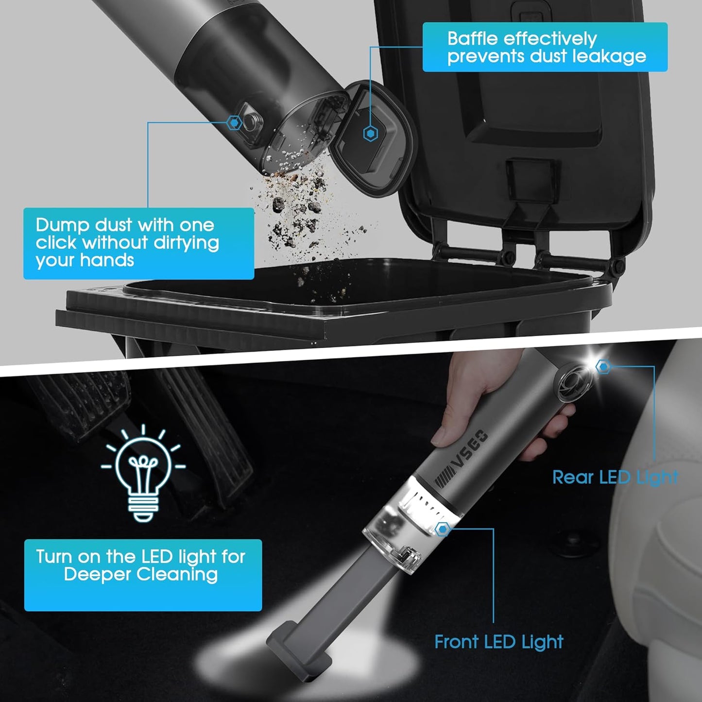 VSGO Cordless Car Vacuum, Compressed Electric Air Duster 17000Pa Suction, 5-in-1 Portable Mini Small Handheld Vacuum, UP to 90 Mins Runtime for Car, Desk, Computer, Keyboard, Home Cleaning (Grey)