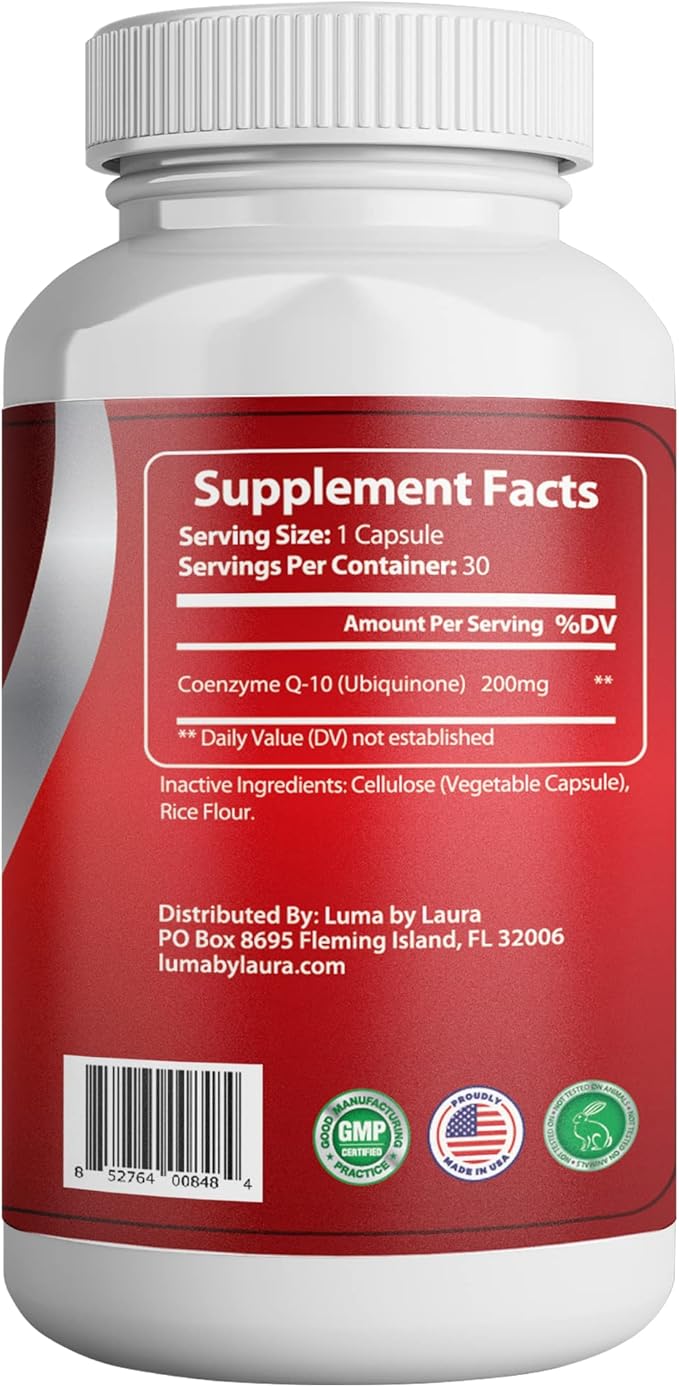 CoQ10 200mg Capsules for Heart Health - High-Absorption Nutritional Supplements - Cruelty-Free, Unflavored, & Gluten-Free - 30 Capsules per Bottle