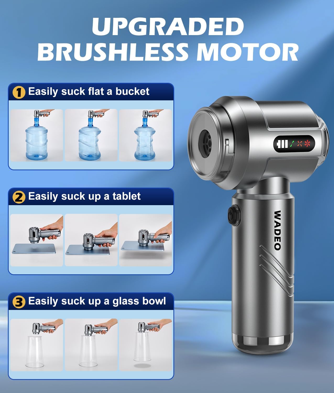 WADEO Car Vacuum Portable Cordless 18000PA, 4-in-1 Handheld Vacuum Cleaner and Air Duster with LED Display & Multi-Nozzles, Mini Hand Held Vacuum Rechargeable for Home, Car, Office, Pet Hair