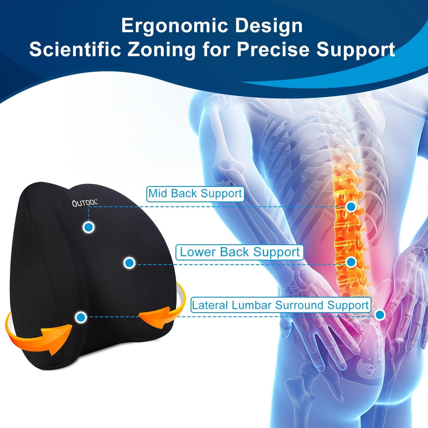 QUTOOL Lumbar Support Pillow for Office Chair, Memory Foam Low Back Support,Back Pain Relief, Ergonomic Back Cushion for Desk Chair,Gaming Chair,Adjustable Strap and Washable Cover