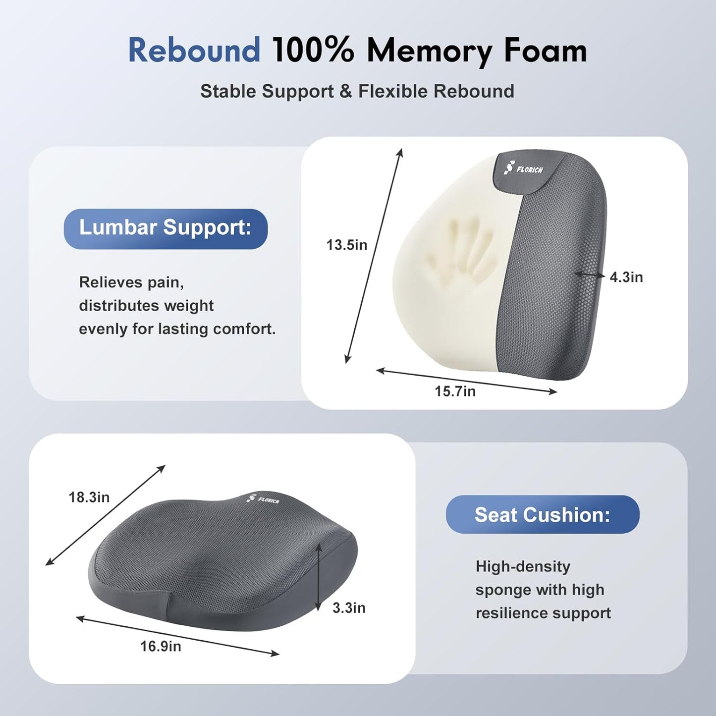 FLORICH Seat Cushion and Lumbar Support Pillow for Office Chair Car, Ergonomic Memory Foam Back Support for Office Gaming Chair Driving Seat Wheelchair, Relieves Neck, Back & Sciatica Pain – Gray