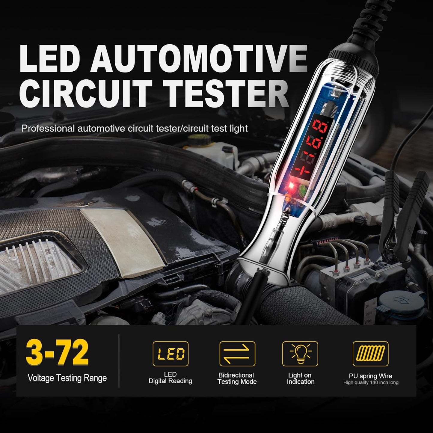 Upgraded 3-72V LED Digital Automotive Circuit Tester, DC Voltage Test Light with Voltmeter & Polarity Indicator Light, Vehicle Circuits Low Voltage Light Tester Pen with Sharp Stainless Probe