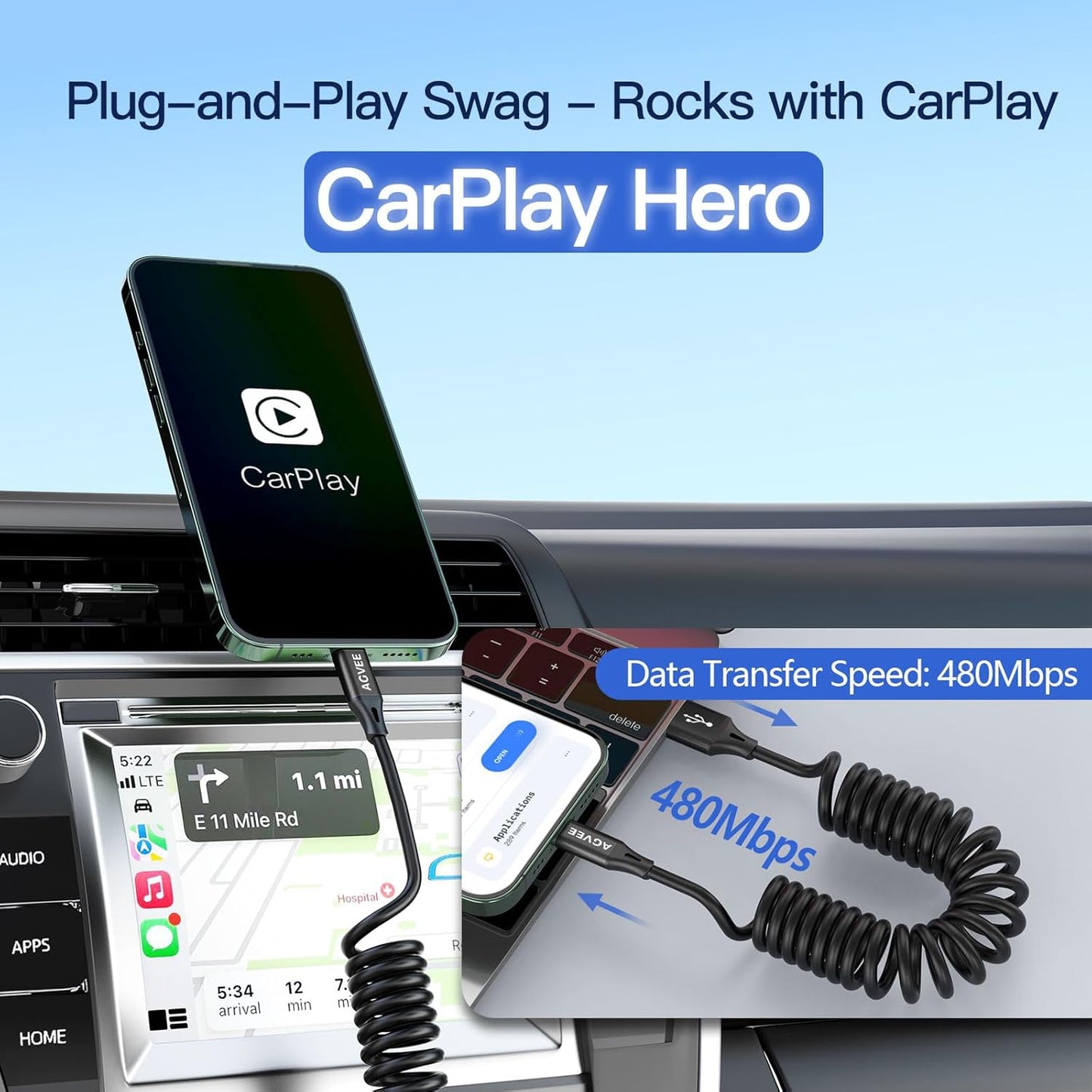 AGVEE 5ft Coiled Short USB to Lightning Charging Cable [MFI Certified] 3A Fast Charger Cord in Car for iPhone 14/13/12/11/XS/8/7/6/5 CarPlay, iPad, iPod, Black