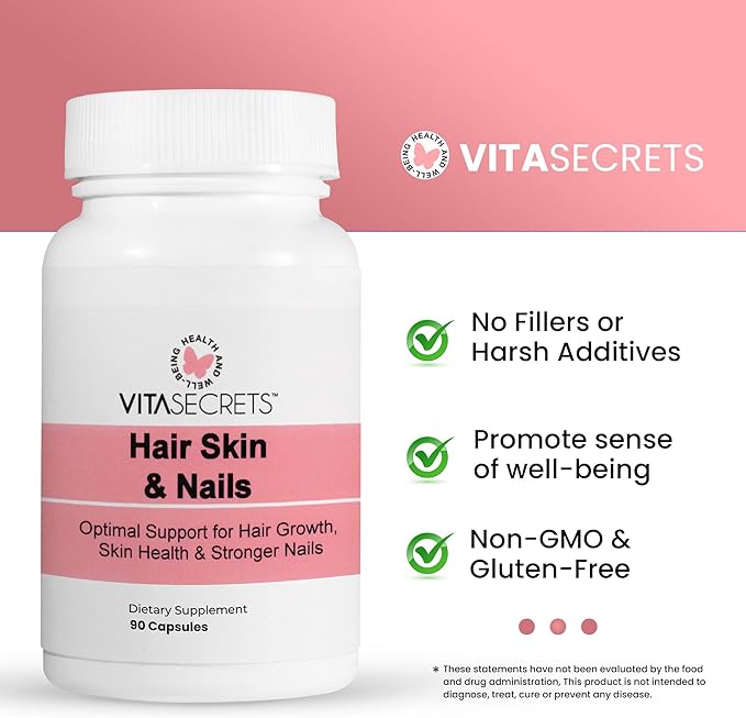 Vitasecrets Hair, Skin & Nails Super Blend – 90 Capsules with Biotin, Collagen, and Hyaluronic Acid for Healthy Hair, Glowing Skin, and Stronger Nails – Non-GMO, Gluten-Free, Made in The USA