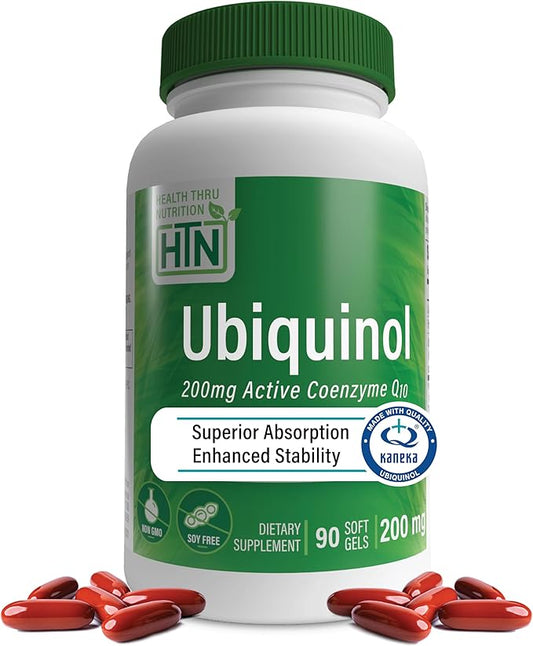 Health Thru Nutrition Ubiquinol 200mg 90 Softgels as Kaneka QH Reduced CoQ-10 | Stabilized - 3rd Party Tested | Enhanced Bioavailability | Cardiovascular & Mitochondria Function Support | Non-GMO