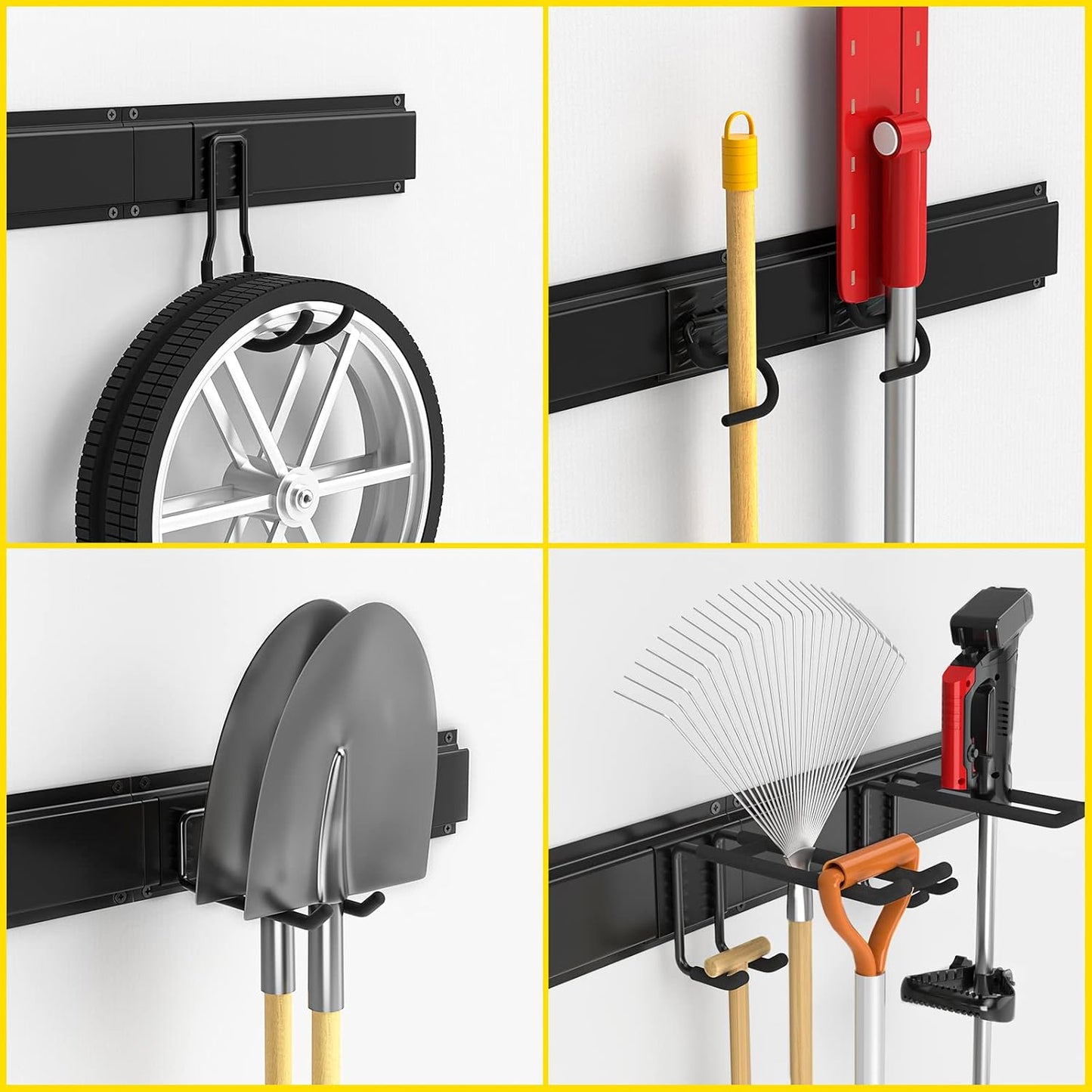 Wall Mount Tool Storage Rack, 15 PCS Heavy Duty Steel Yard Garden Tool Organizer, Garage Tool Organizer Wall Mounted Storage System Hold Up to 550lbs, with 2 Extension Cord