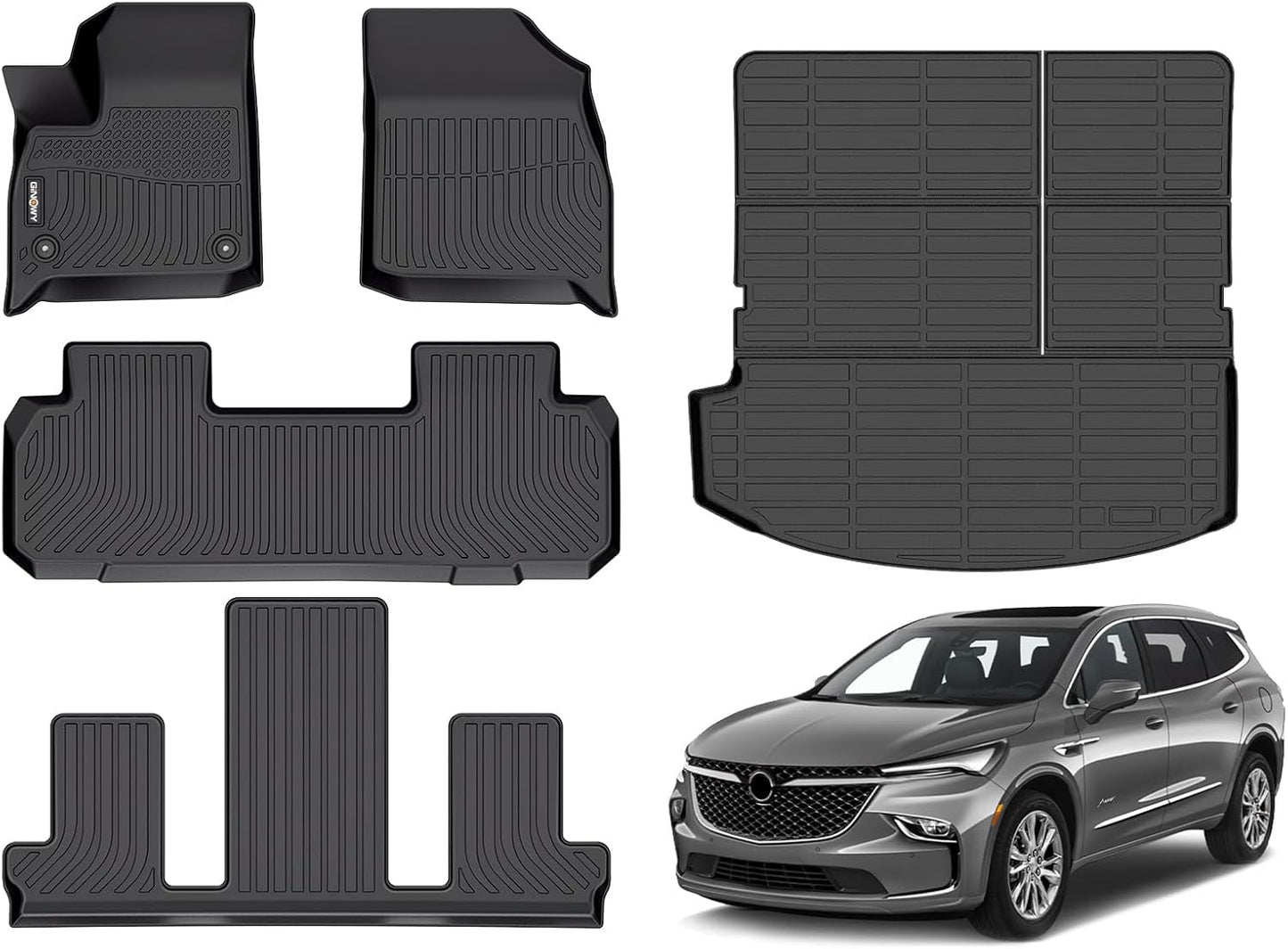 GINOWY-Floor Mats & Cargo Liner for Buick Enclave 2018-2024,TPE All Weather Protection 2024 Enclave Car Floor Mats, Non-Slip Trunk Mat Waterproof Enclave Accessories Mats,Black