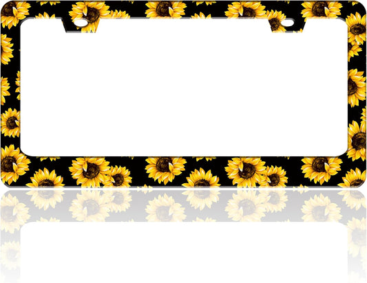 Sunflowers License Plate Frame Yellow Flowers Stainless Steel License Plate Holder for Front or Rear Car Tags Funny for Car Decoration Accessories with Screws 6.3 X 12.2 in for Women Men