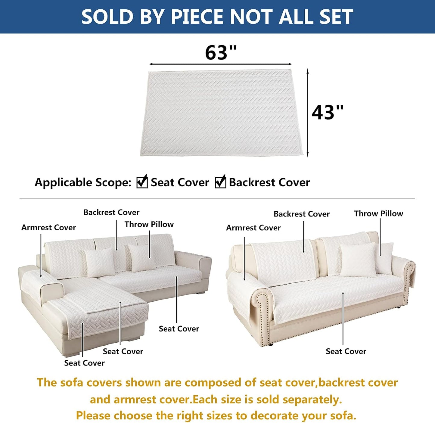 Eismodra Couch Cover,Sectional Couch Covers,Sofa Covers for 3 Cushion Couch,Anti-Slip Sofa Slipcovers for Dogs Cats Kids Loveseat Recliner L Shaped Armrest Backrest,White 43''x63''(Only 1 Piece)