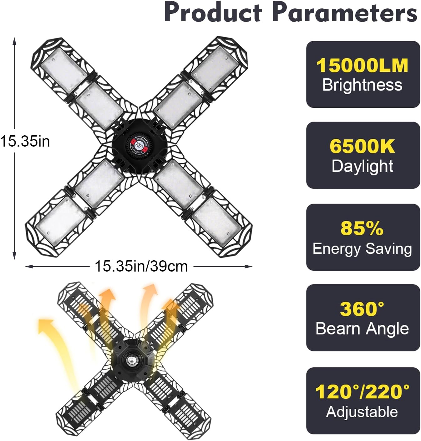 2 Pack LED Garage Light,Super Bright Screw in E26/E27 Ceiling Shop Work Lamp, 200W 20000 Lumen Deformable Basement Bulb Fixture with 8 Adjustable Panels