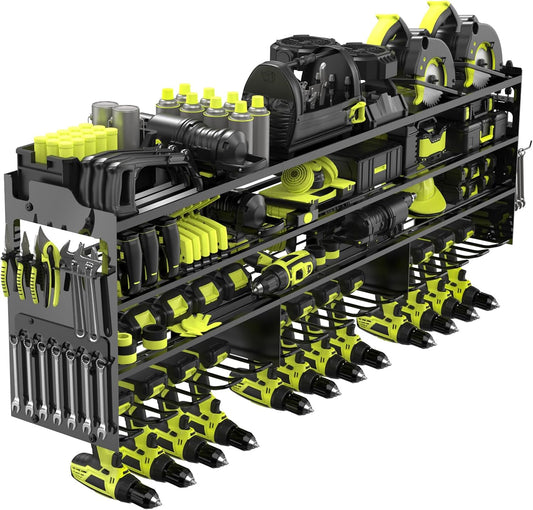 Power Tool Organizer Wall Mount with 12-Drill Holders-800Lbs Load Heavy Duty Metal 4-Layers Garage Storage and Organization Adjustable Battery Tools Rack with Side Panels Utility Racks Gifts for Men