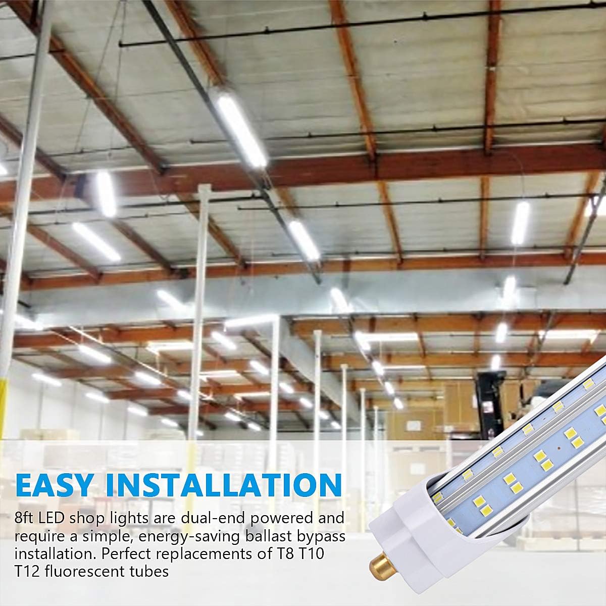 T8 T10 T12 8FT LED Light Bulbs, Single Pin Fa8 Base, 8 Foot LED Fluorescent Tube Replacement, 150W 19000LM, 6000K Super Bright, V Shape, Ballast Bypass, Garage Shop Lights