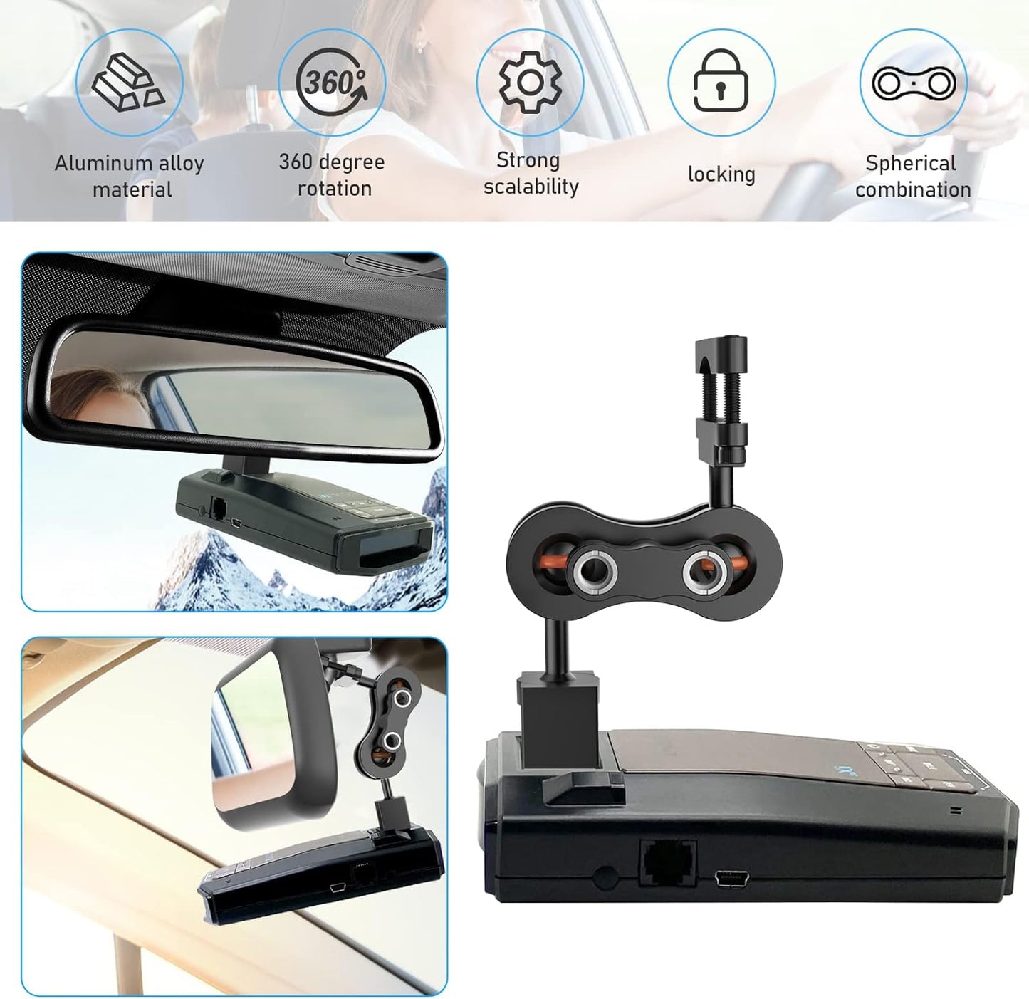 Radar Detector Mount,Aluminum Rearview Mirror Rod Radar Bracket,for Escort Max360c,Max 3, X IXc,Redline EX Beltronics Cobra DualPro GT 360 Radar Detector,with EZ Magnet Connection Base