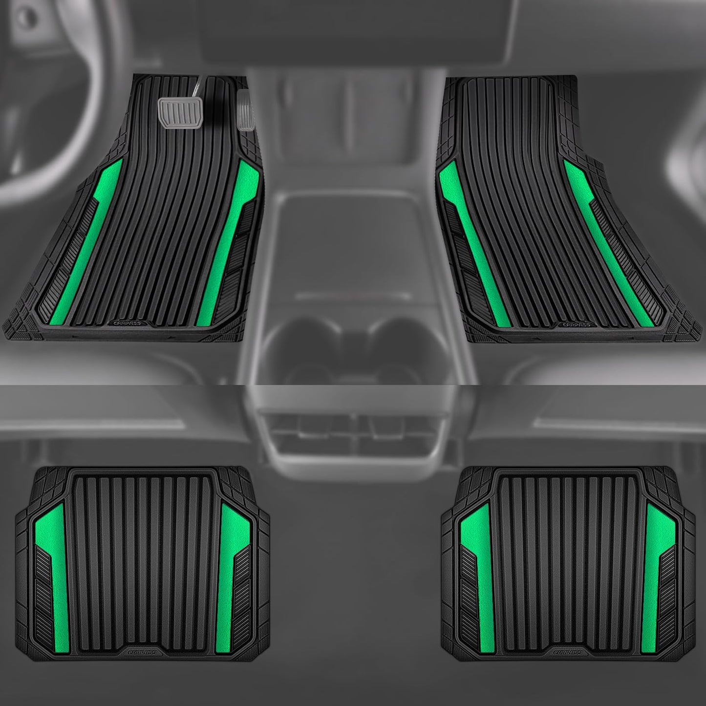 CAR PASS Heavy Duty Rubber Car Mats Metallic,Aluminum Film All Weather Floor Mats Waterproof Universal Trim to Fit SUVs Sedans Vans 4 Piece Anodized Deep Dish Two-Tone Sporty Black Green Chrome