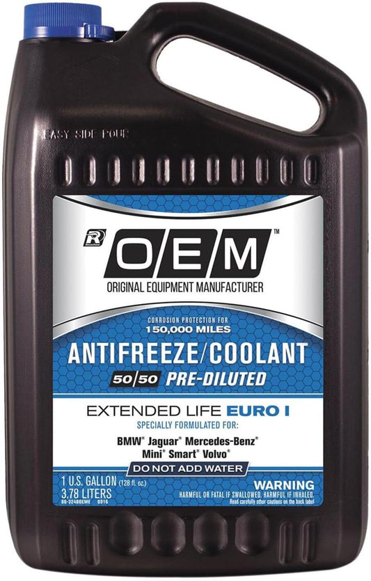 OEM Recochem European Vehicles Premium Antifreeze 50/50 Extended Life Coolant - Euro I Blue, 1 Gallon, 4 Pack
