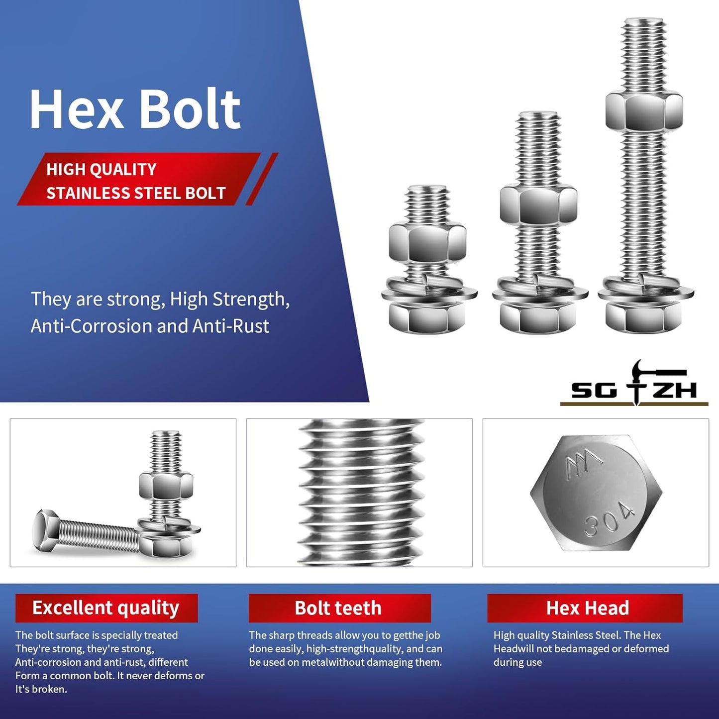 5/16-18 x 3-1/2" Hex Head Screw Bolt, Nuts, Flat & Lock Washers, 10Pcs 18-8 (304) Stainless Steel, Fully Threaded, by SG TZH
