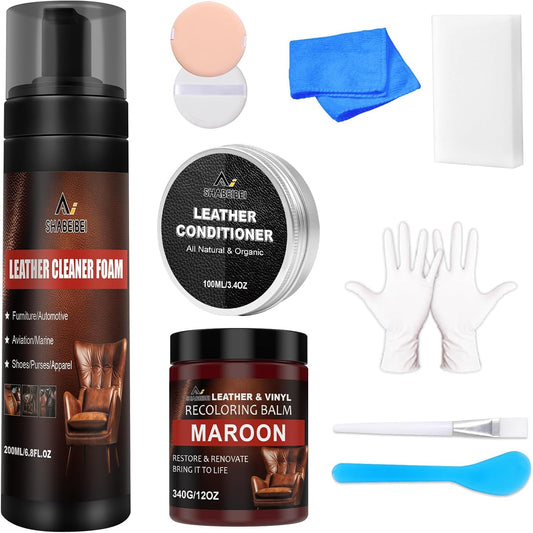Leather Recoloring Balm Set,Leather Cleaner Restore Conditioner Mink Oil for Leather Repair Kit for Furniture Couches -Revives Repairs Scratches Leather Dye Furniture Polish (Maroon)
