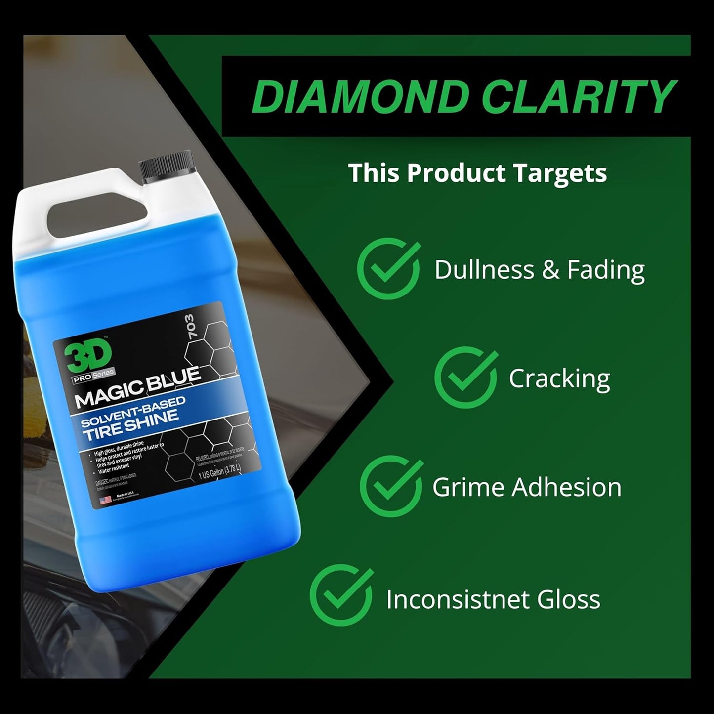 3D Magic Blue Tire Shine Spray - Water Resistant High Gloss Tire & Trim Dressing | Long Lasting Protection | No Sling, No Run Formula | Made in USA |1 Gallon