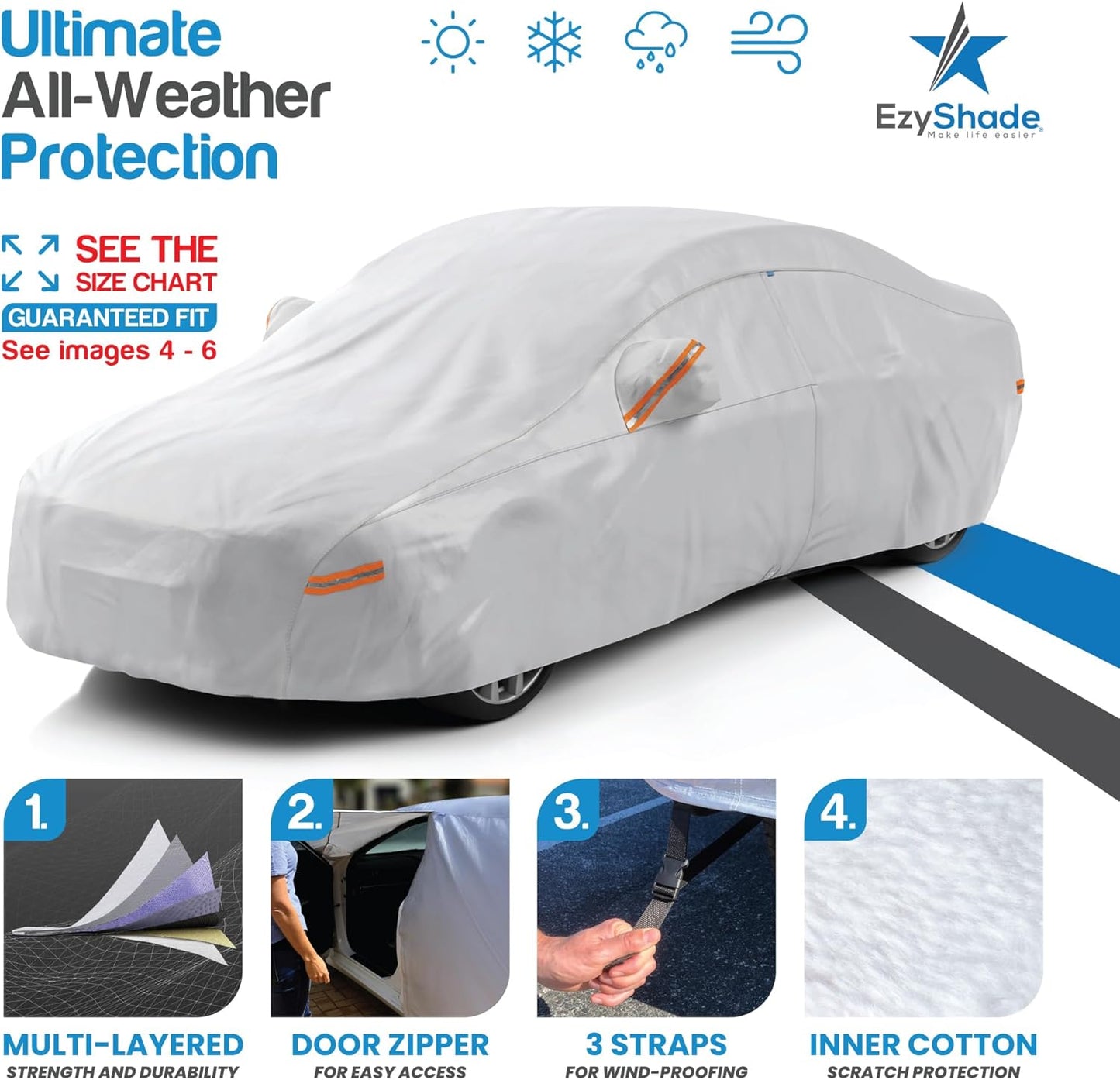 EzyShade 10-Layer Car Cover Waterproof All Weather. See Vehicle Size-Chart for Accurate Fit. Outdoor Full Exterior Covers for Automobiles Sedan Hatch SUV Rain Sun Protection. Size A0 (See SizeChart)