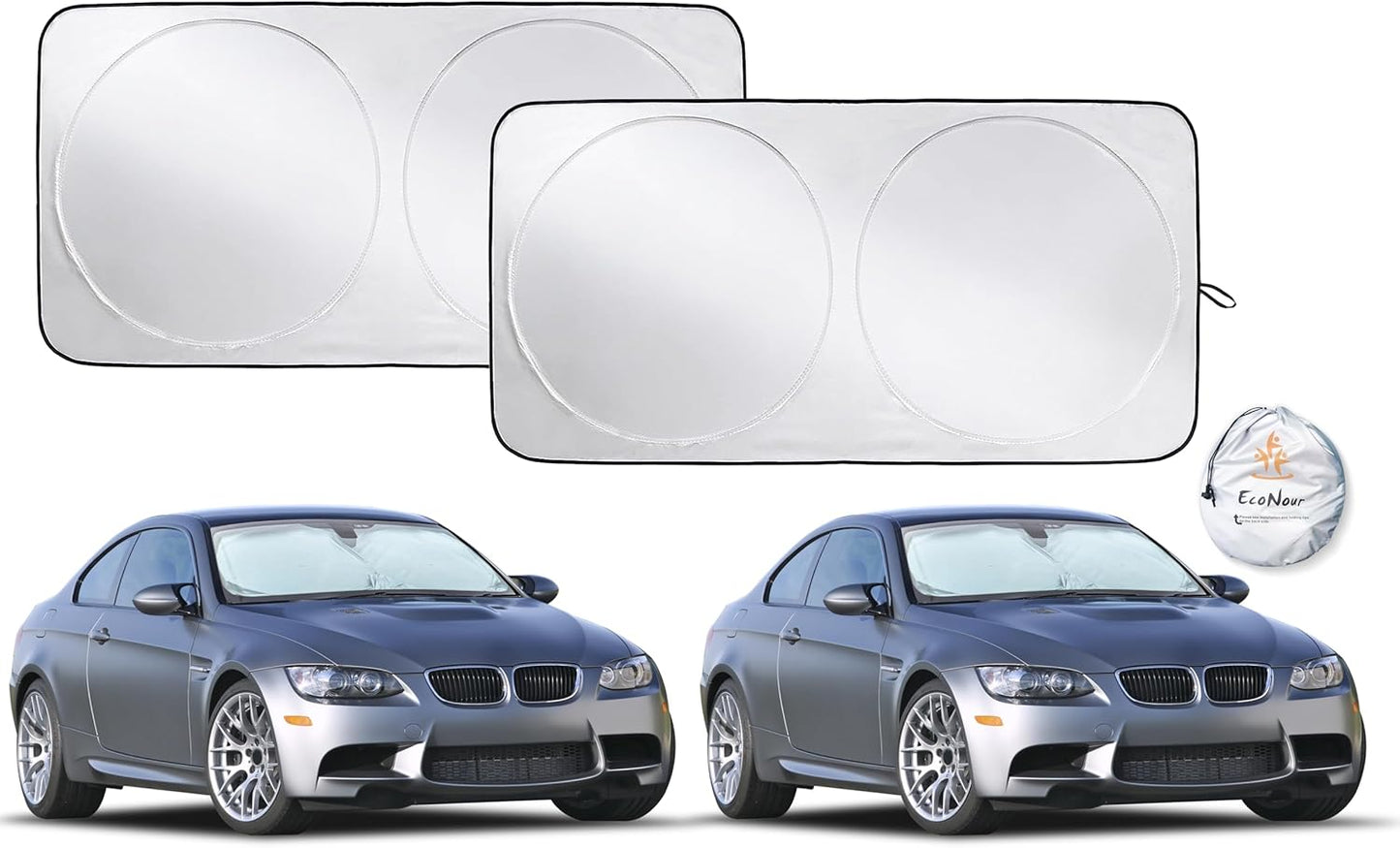 EcoNour Car Windshield Sun Shade (2 Pack), Reflector Sunshade car Window Shades, Car Reflective Sun Blocker Fits Small Sedans, Mini SUVs, & Hatchbacks, Medium (64 in x32 in)