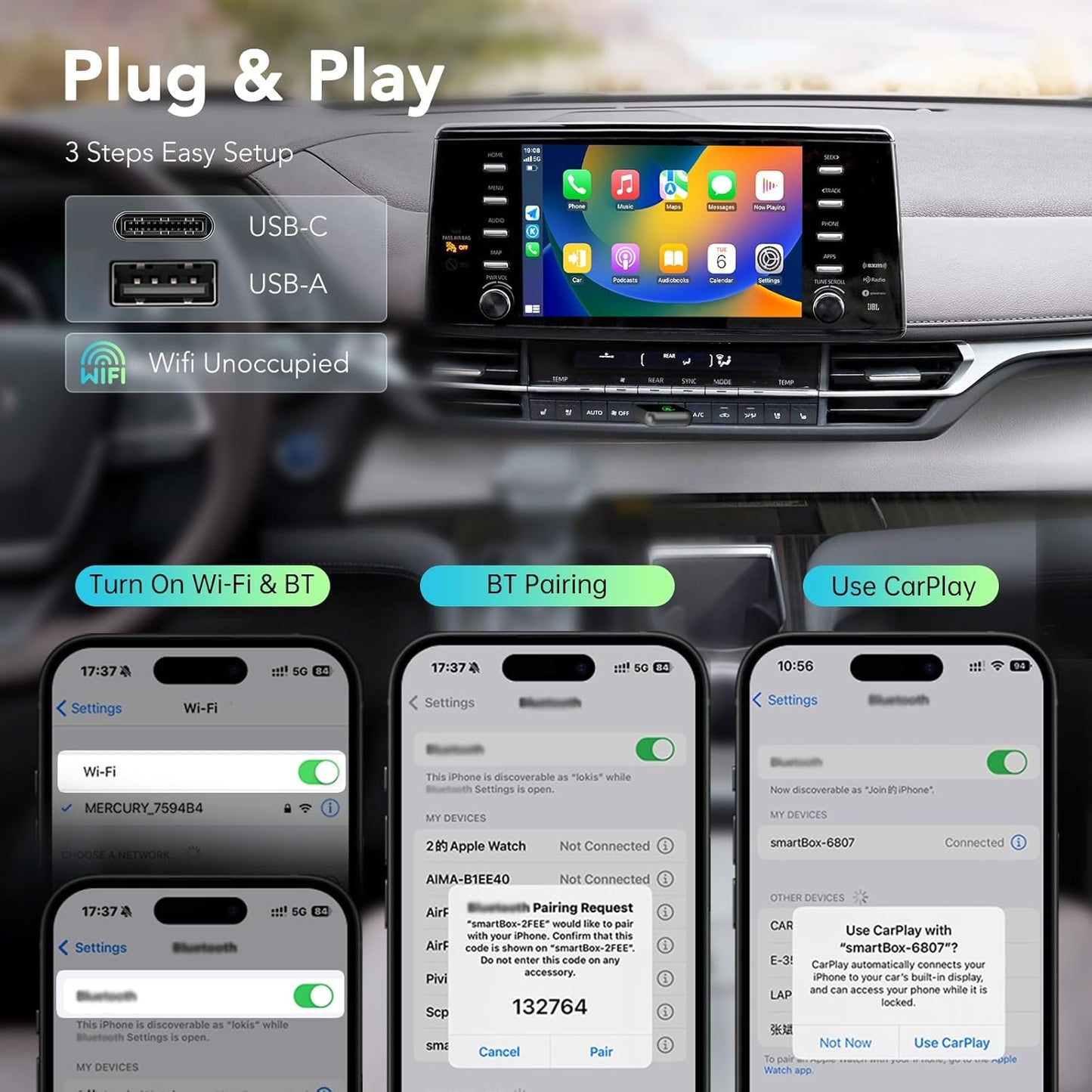 Wireless CarPlay Adapter for iPhone, 2025 Carplay Wireless Adapter for Apple & Android Auto (2016+ Models), Compatible with Cars with Factory Wired Carplay, Car Play Dongle with USB/USB-C (Dark Grey)