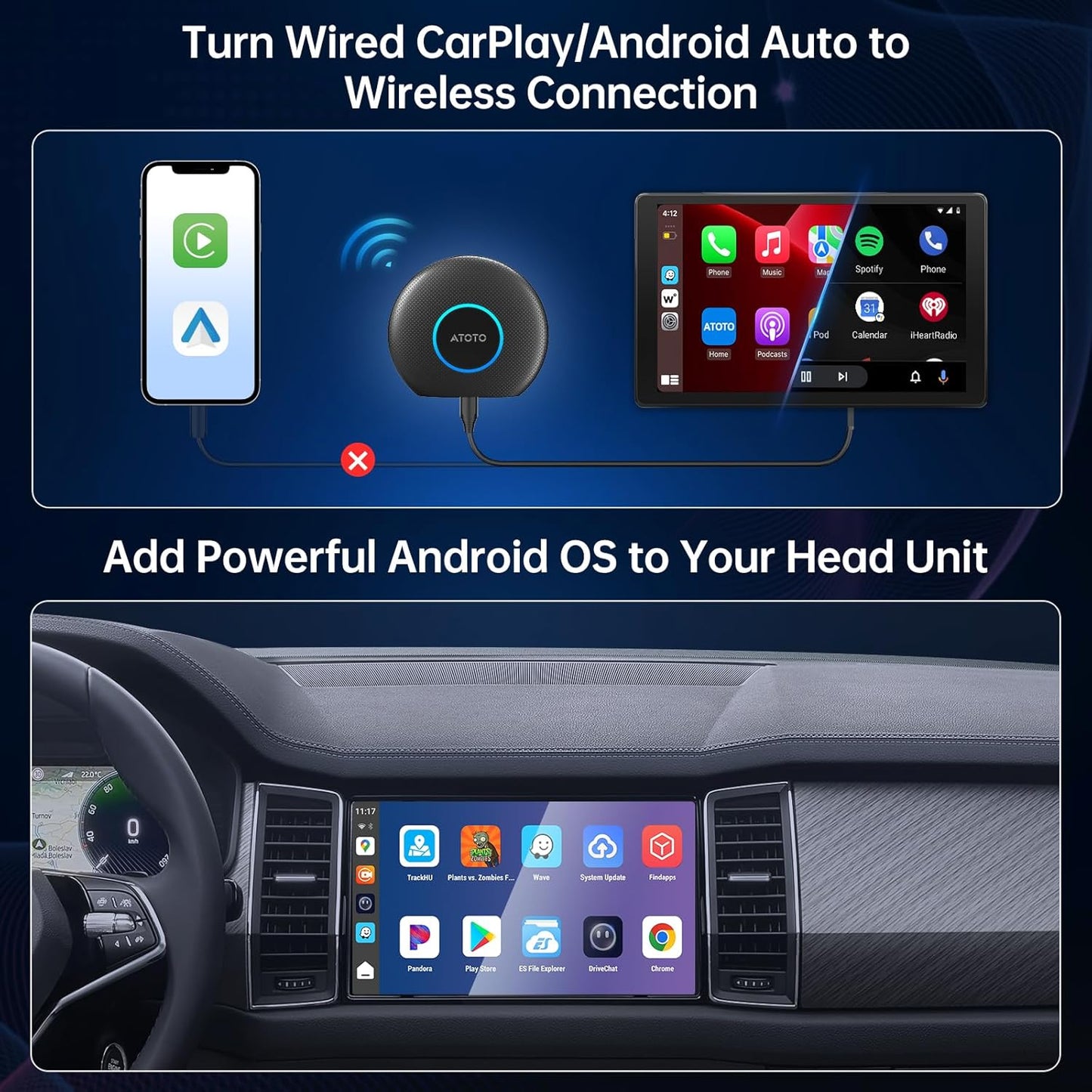 Ai Box Carplay/Android Auto Wireless Adapter, Android 13 6-in-1 Ai Box,4G LTE Card, GPS, DriveChat, Dual Bluetooth/WiFi, 4GB+64GB, Plug & Play for 2016+ Wired CarPlay, CB6A 2025 (CB6A-BK)
