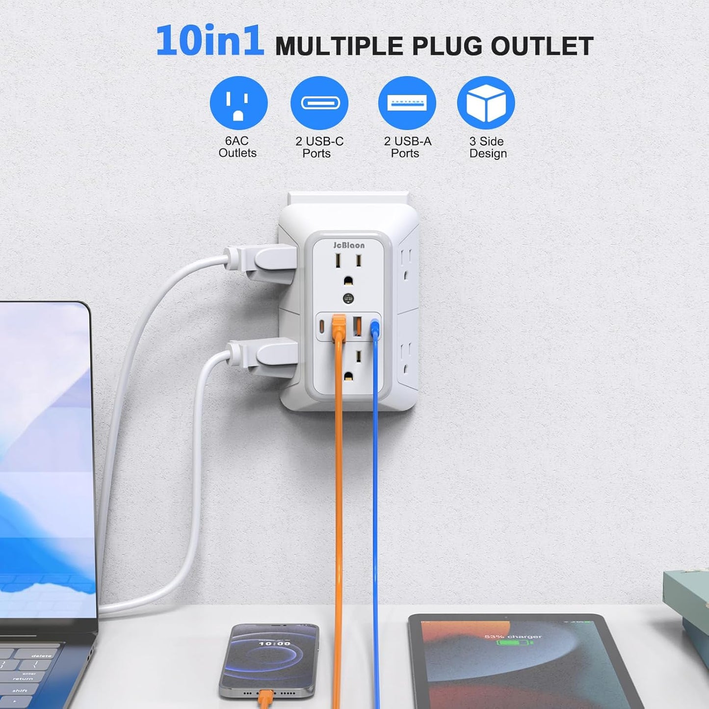 Outlet Extender Surge Protector - 6 Outlet Splitter with 4 USB Ports (2 USB C), Multiple Plug Expander Wall Charger, 3 Sided Multi Plug Wall Adapter Power Strip for Home Office Kitchen Travel
