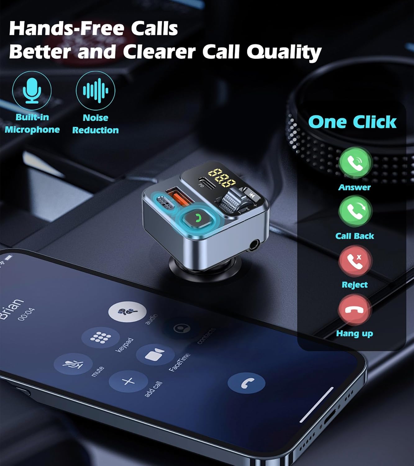 KAIY FM Transmitter Bluetooth Car Adapter, Car Radio Bluetooth Transmitter HandsFree Calling Music Player, FM Radio Adapter 42W Type-C Fast Charging, Support USB Drive