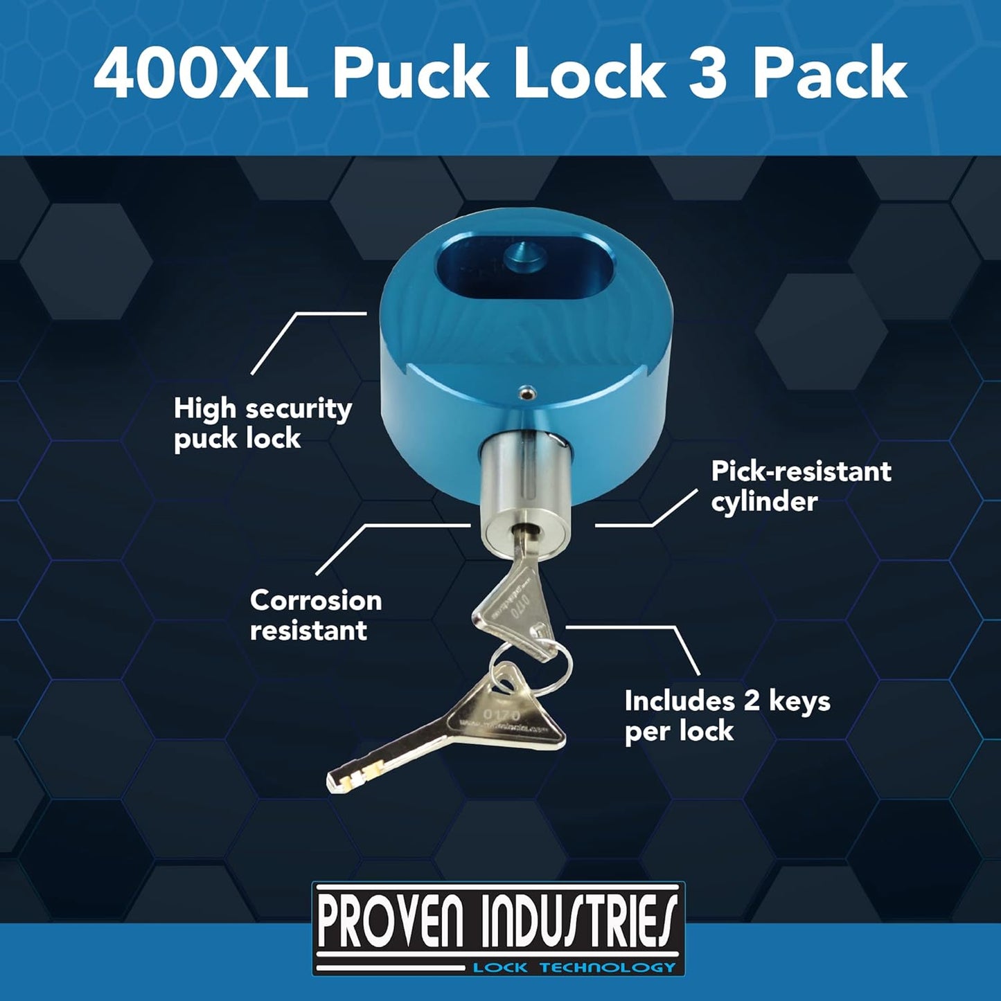 Proven Industries Model 400XL Puck-Lock Set, Made in The USA, Pack of 3, (Blue)