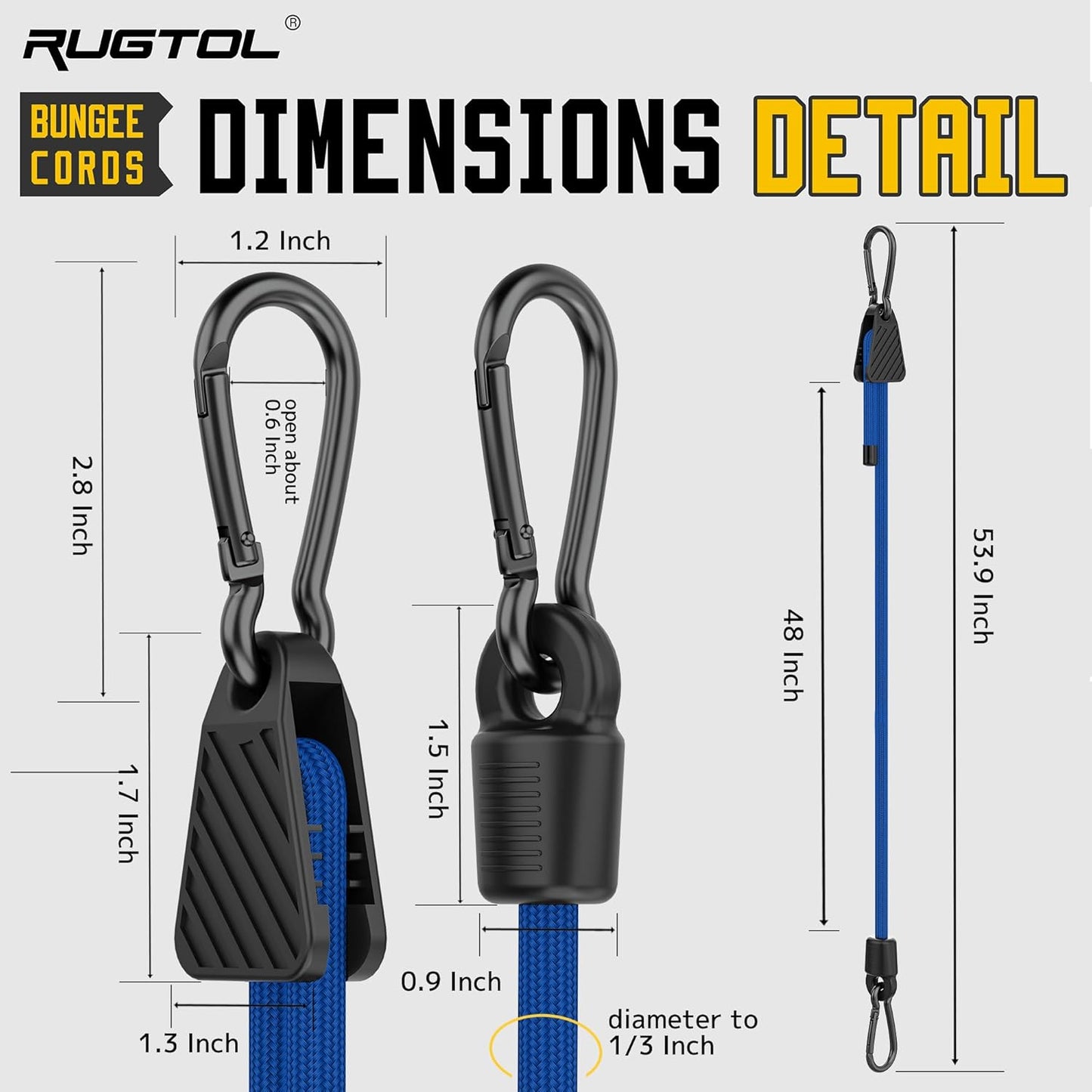 Bungee Cords with Hooks, 48 Inch Adjustable Blue Bungee Cords with Carabiner Heavy Duty Outdoor, 8mm Thick Easy to Adjust Bungee Rope UV Resistant for Truck Bed, Bike Rack, Trash Can, Moving, 6 Pack